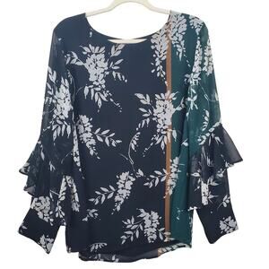 CALVIN KLEIN | Bell Sleeve Floral | Black/Green/White | Blouse | Size XL